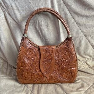 Floral Embossed Tan Leather Shoulder Bag